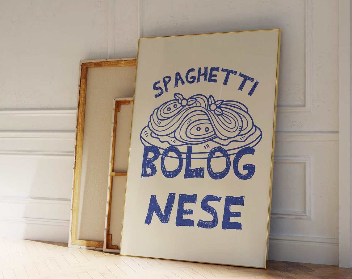 Spaghetti Bolognese Blue Line Art Italian Pasta Kitchen Poster
