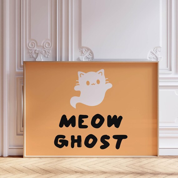 Meow Ghost Cute White Cat Ghost Halloween Poster On Bright Orange