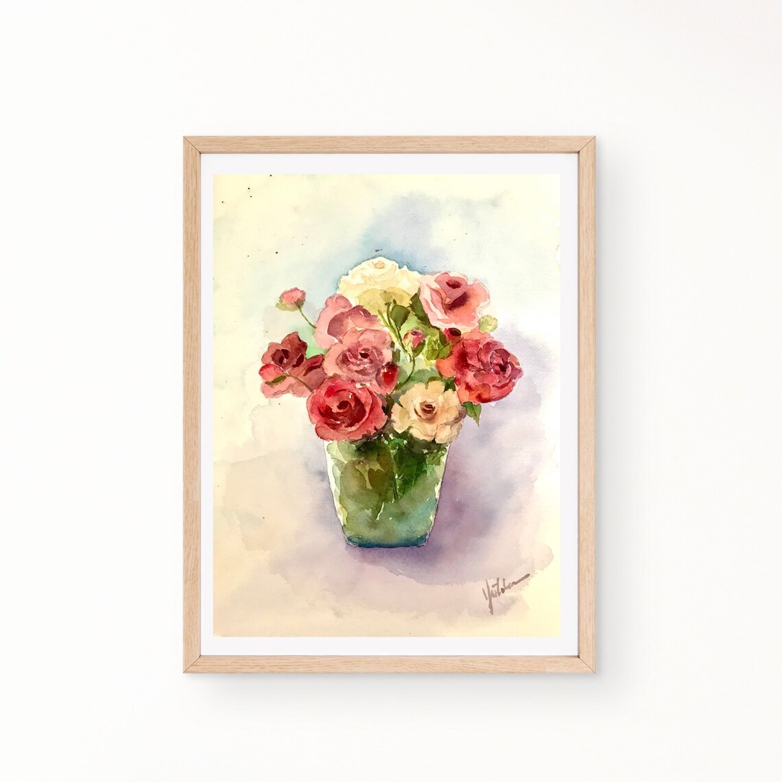Bouquet of Pink and Cream Roses in a Green Vase Watercolor Poster - Image 7