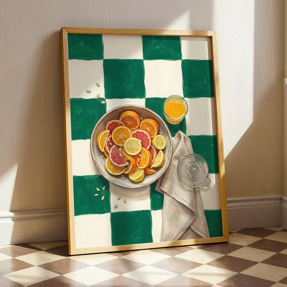 Citrus Slices Bowl Oranges Lemons Green Checkered Kitchen Art Poster