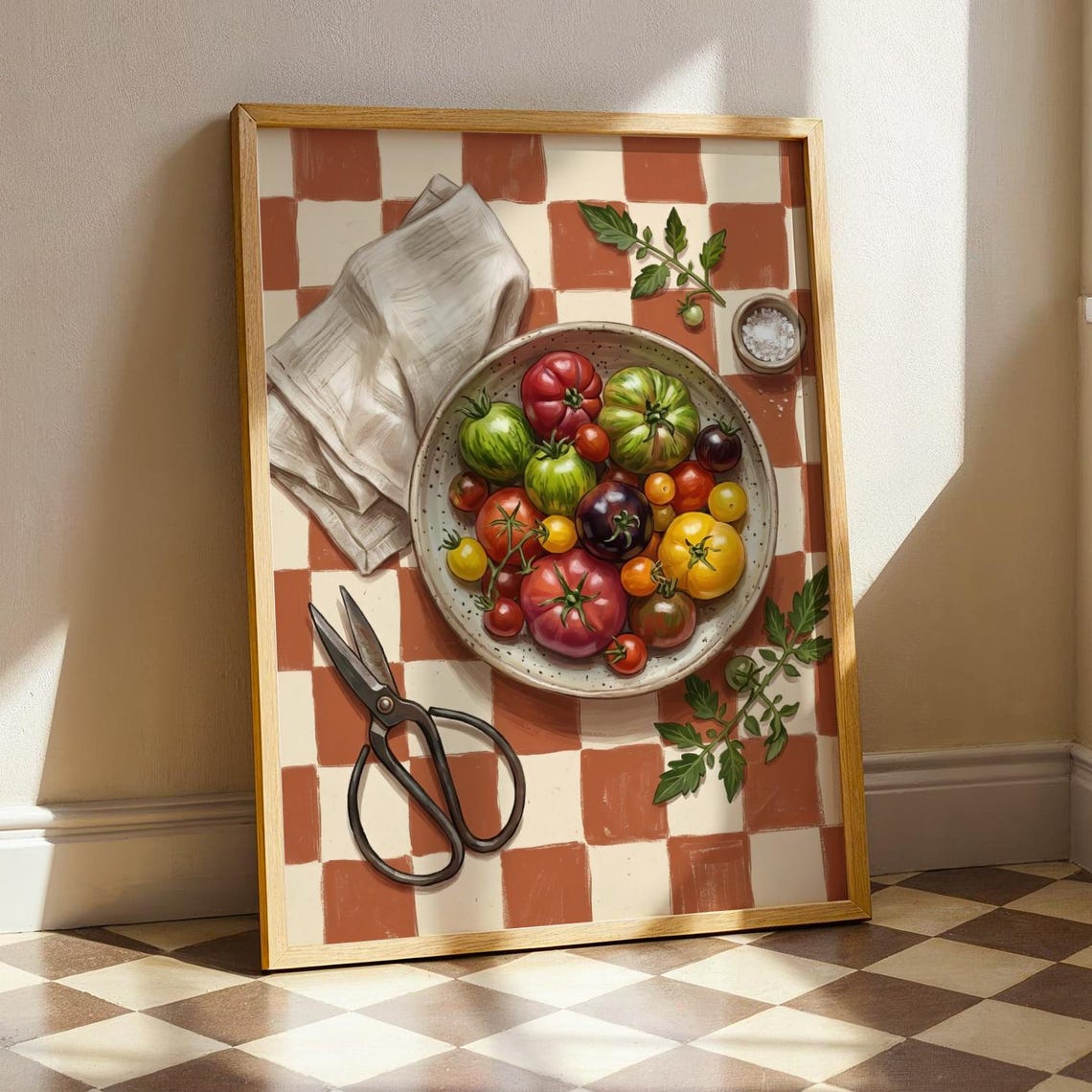 Heirloom Tomatoes Bowl Still Life Terracotta Checkered Kitchen Poster