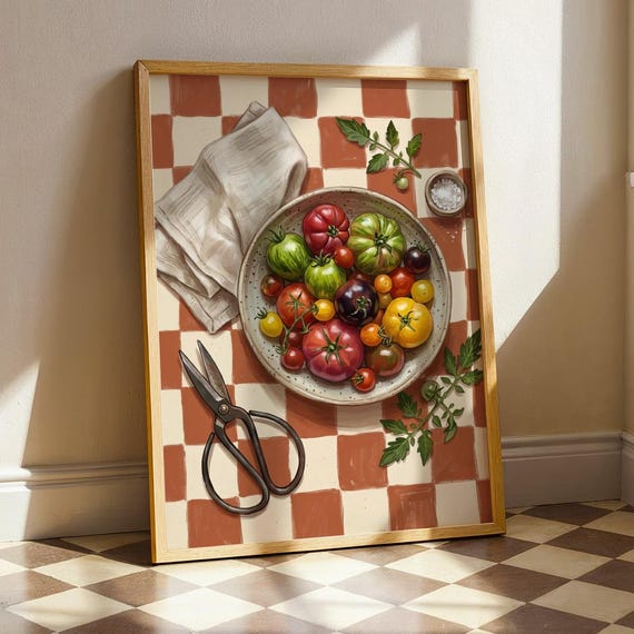 Heirloom Tomato Kitchen Art Print Vintage Vegetable Still Life Paint Cottagecore Rustic Harvest Farmhouse Food Poster Digital Download