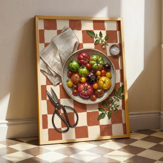 Heirloom Tomatoes Bowl Still Life Terracotta Checkered Kitchen Poster