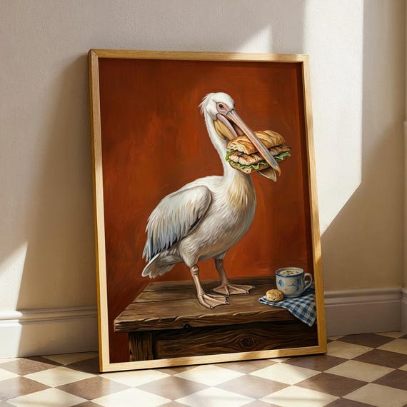 Pelican Fish Sandwich Art Print Coastal Dining Room Wall Decor Vintage Beach House Poster Eclectic Seaside Bird Cafe Digital Download