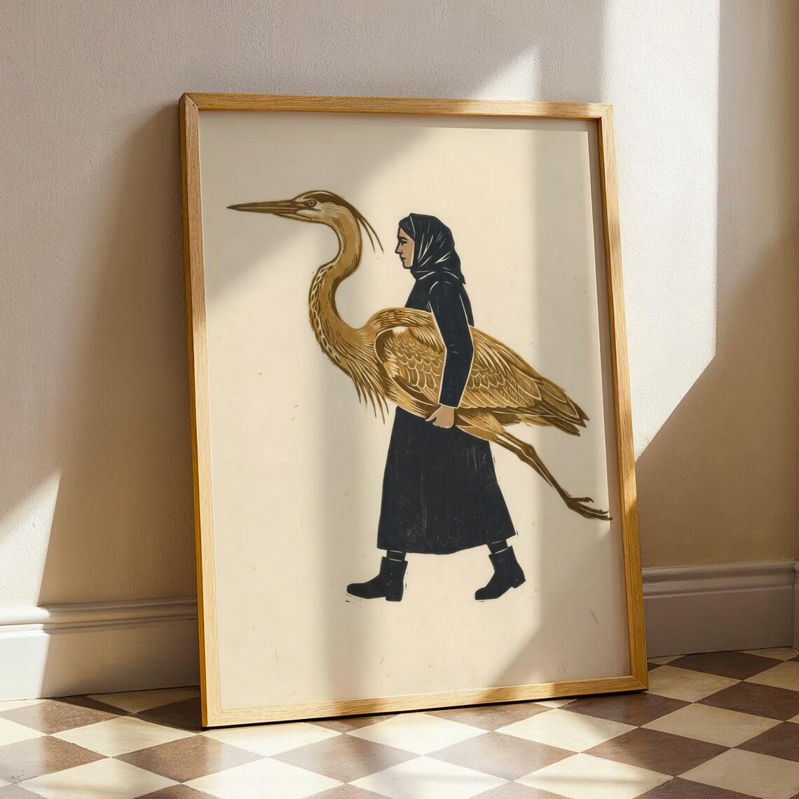 Woman Carrying Heron Minimalist Woodblock Bird Folk Art Print
