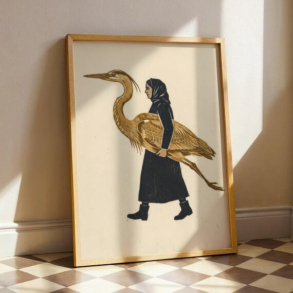 Heron Folk Art Print Woman Carrying Bird Block Artwork Minimalist Woodcut Poster Wabi Sabi Japandi Decor Neutral Mysterious Lover Gift
