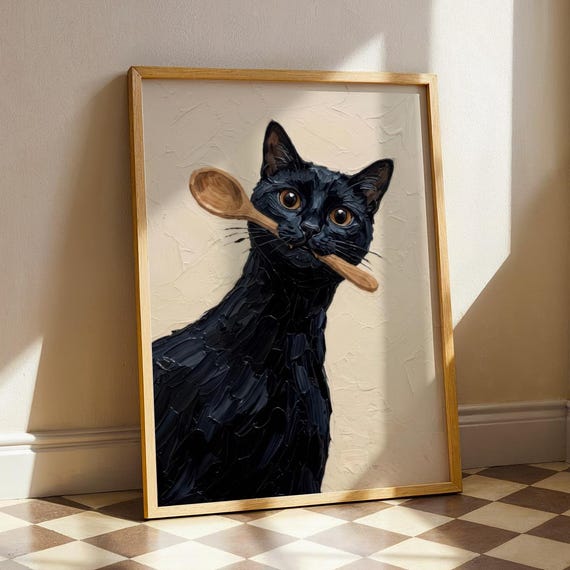 Black Cat Kitchen Wall Art Cute Whimsical Holding Spoon Painting Rustic Funny Chef Decor Quirky Cottagecore Animal Artwork