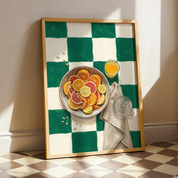 Citrus Still Life on Green Checkered Table Maximalist Kitchen Art Poster