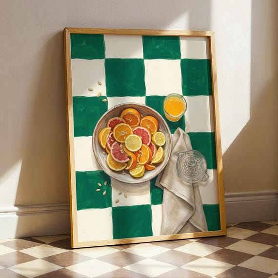 Maximalist Kitchen Citrus Art Print Green Checkered Still Life Painting Lemon And Orange Bowl Poster Mediterranean Dining Room Wall Decor