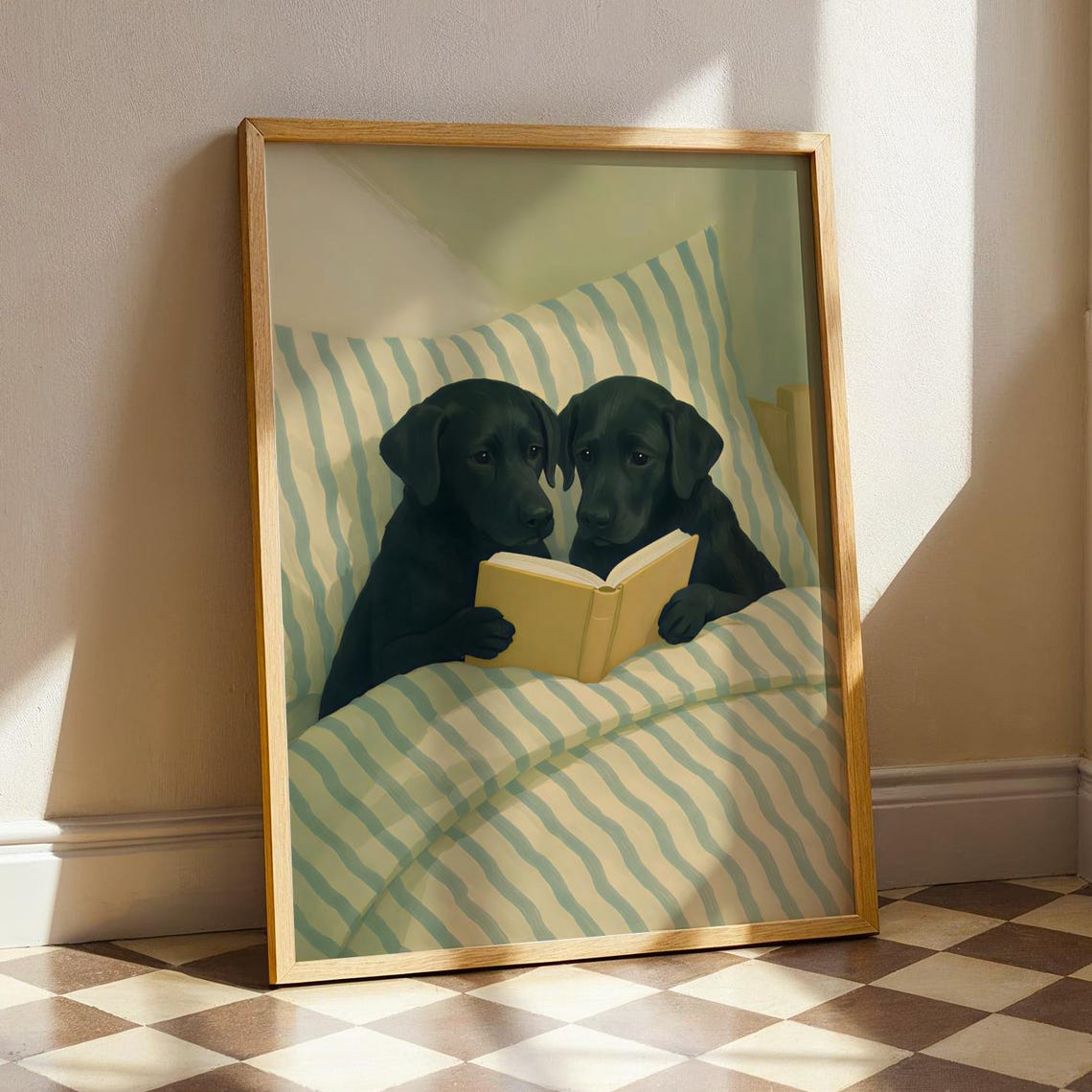 Two Black Labradors Reading A Book Together In Bed Cozy Dog Poster