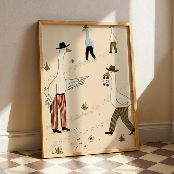Whimsical Cowboy Geese Playing Cards with Poker Chips Folk Art Poster
