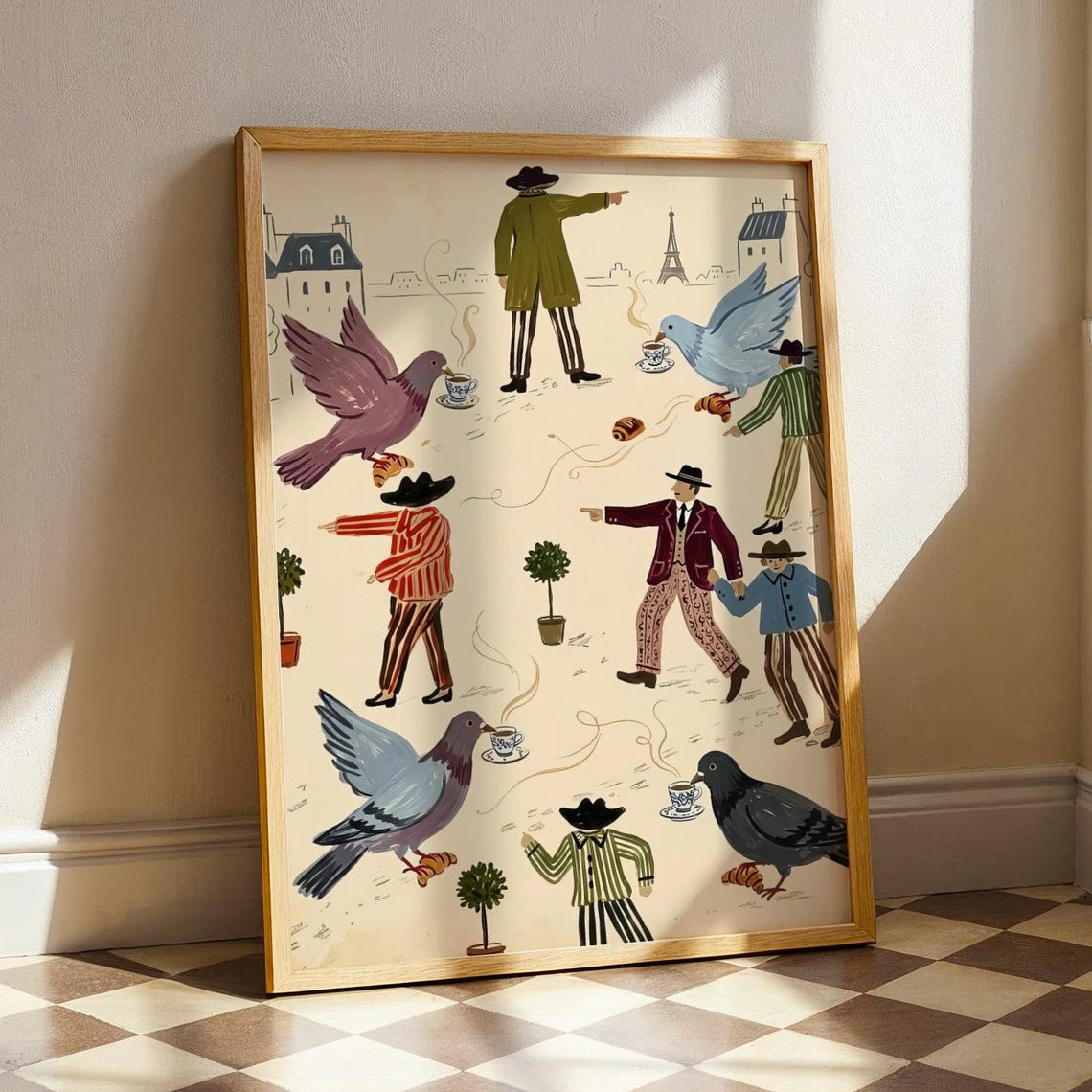 Whimsical Paris Pigeons Stealing Croissants Coffee Eiffel Tower Poster