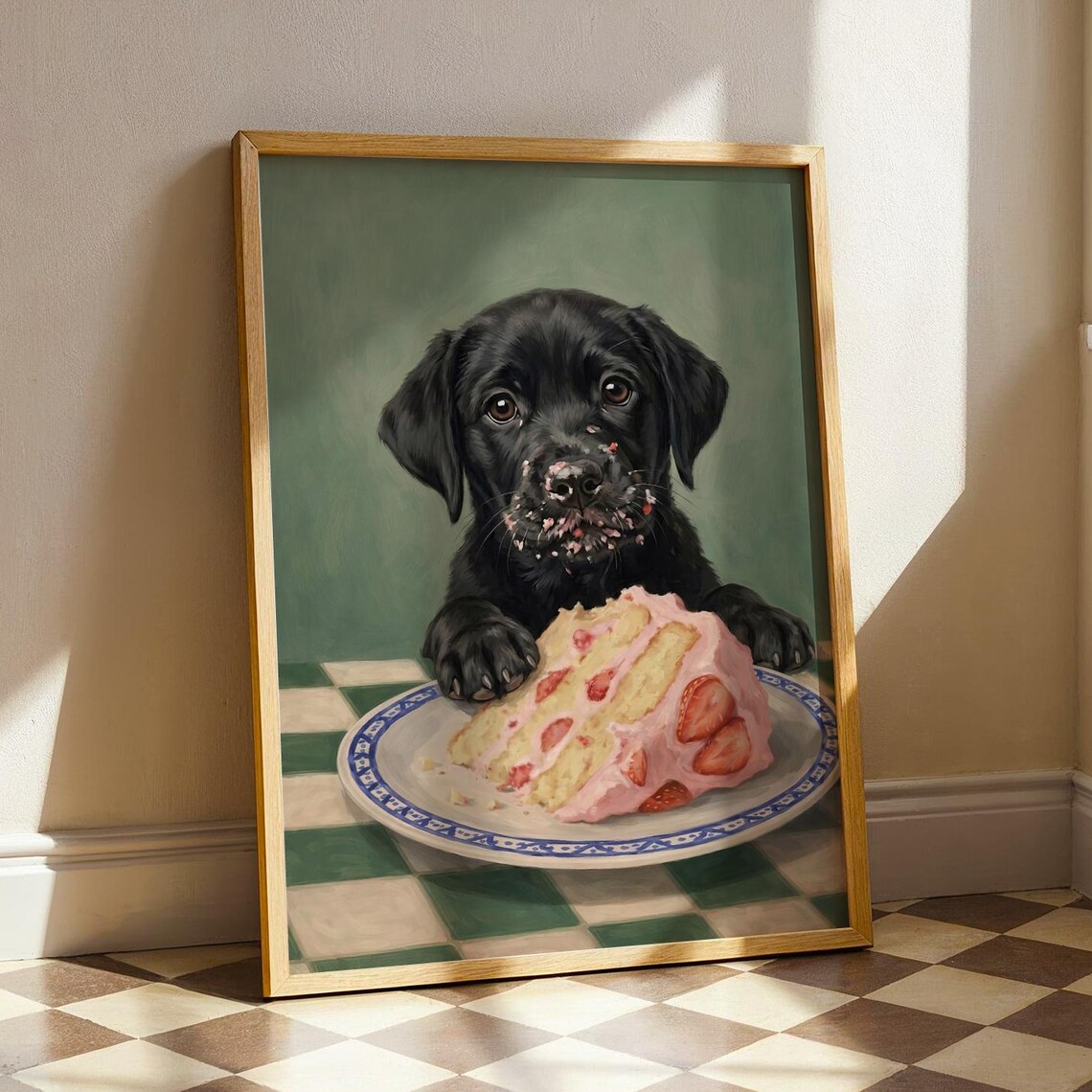 Black Lab Puppy Strawberry Cake Funny Dog Oil Painting Art Poster