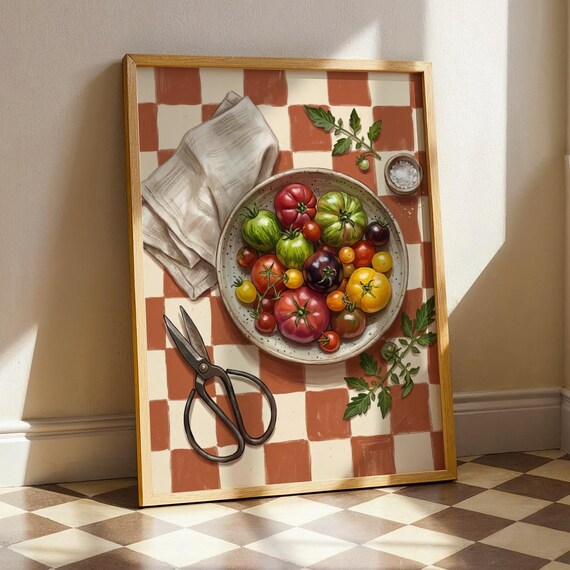 Heirloom Tomato Bowl Checkered Cloth Kitchen Still Life Poster