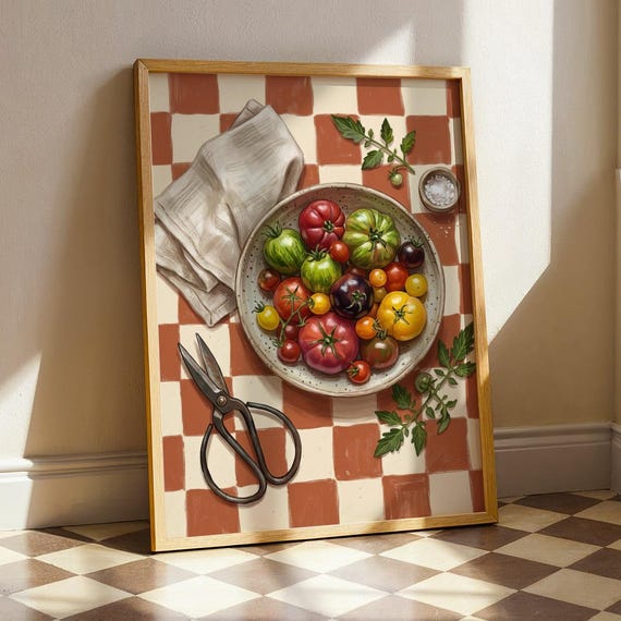 Heirloom Tomato Kitchen Art Print Vintage Still Life Food Poster Gingham Tablecloth Vegetable Painting Cottagecore Harvest Wall Decor