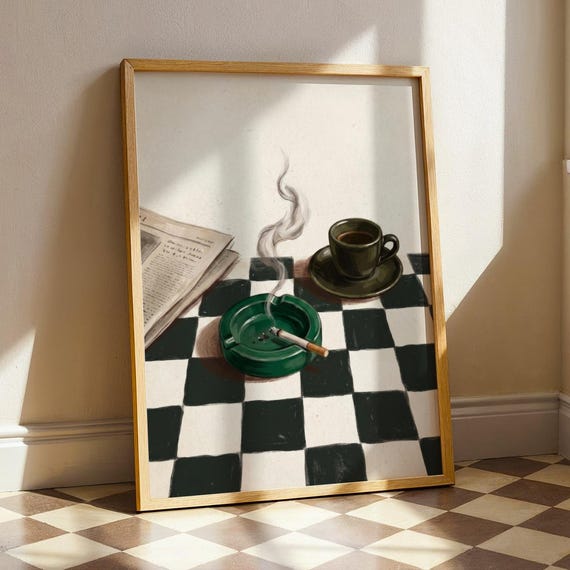 Morning Espresso And Cigarette Art Print Vintage Newspaper Still Life Painting Cozy Dark Checkerboard Poster Curated Gallery Decor Gift