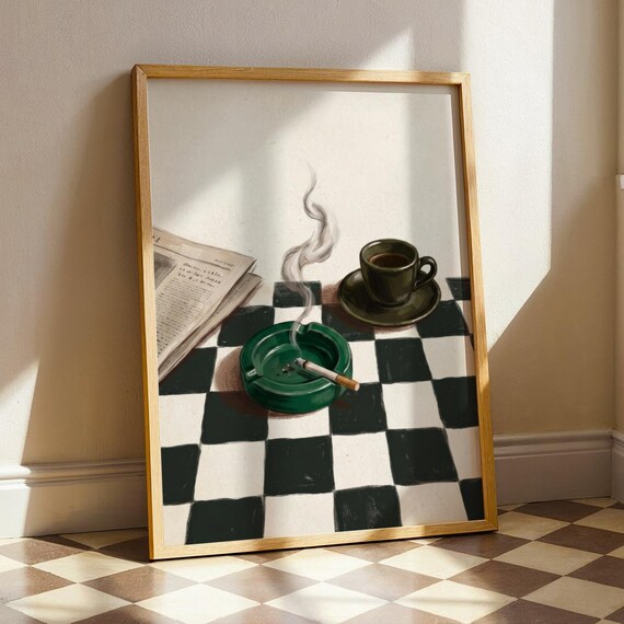 Morning Espresso Cigarette Newspaper Vintage Still Life Checkered Poster