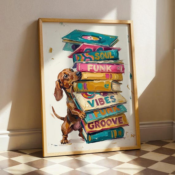 Dachshund Vinyl Record Print Retro Music Room Wall Decor Colorful Impasto Pop Art Funky Wiener Dog Poster Cute Sausage Lover Gift