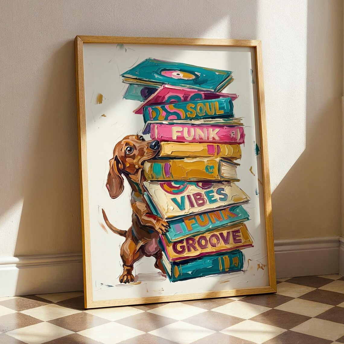 Dachshund Balancing Soul Funk Groove Vinyl Records Music Room Wall Art