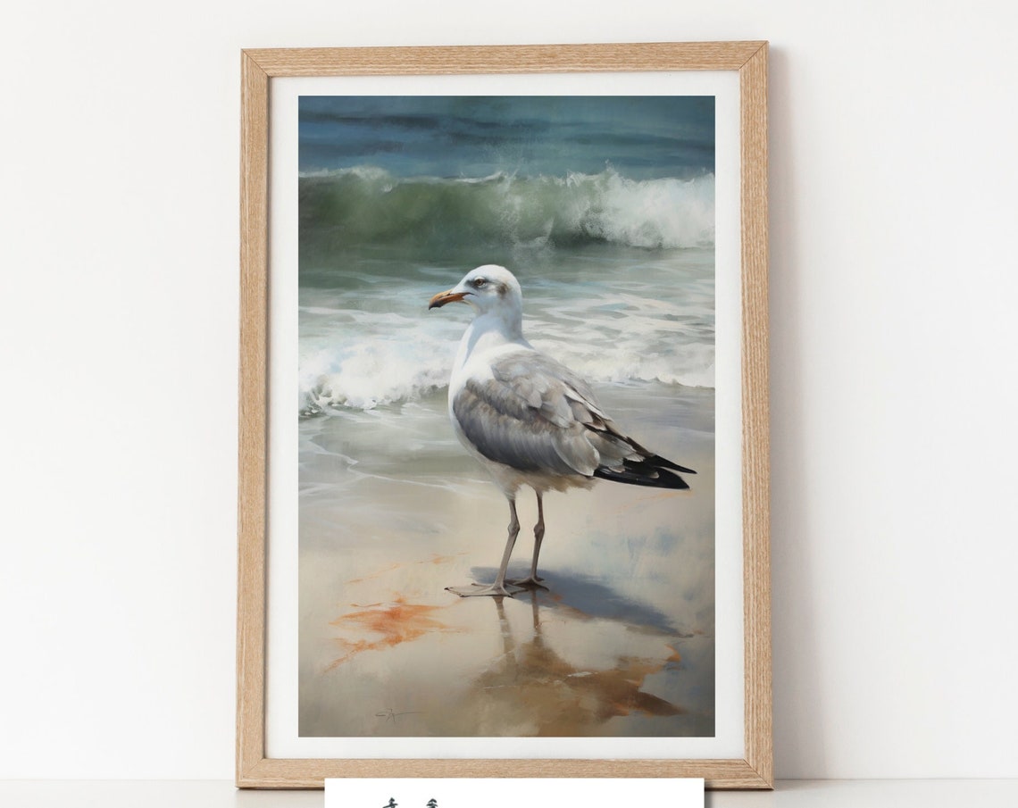 Seagull On Sunlit Beach Breaking Waves Coastal Bird Painting Poster - Image 4