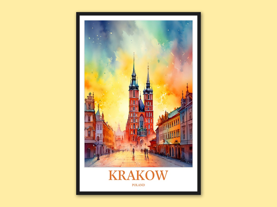 Krakow Poland St Marys Basilica Sunset Watercolor Travel Poster