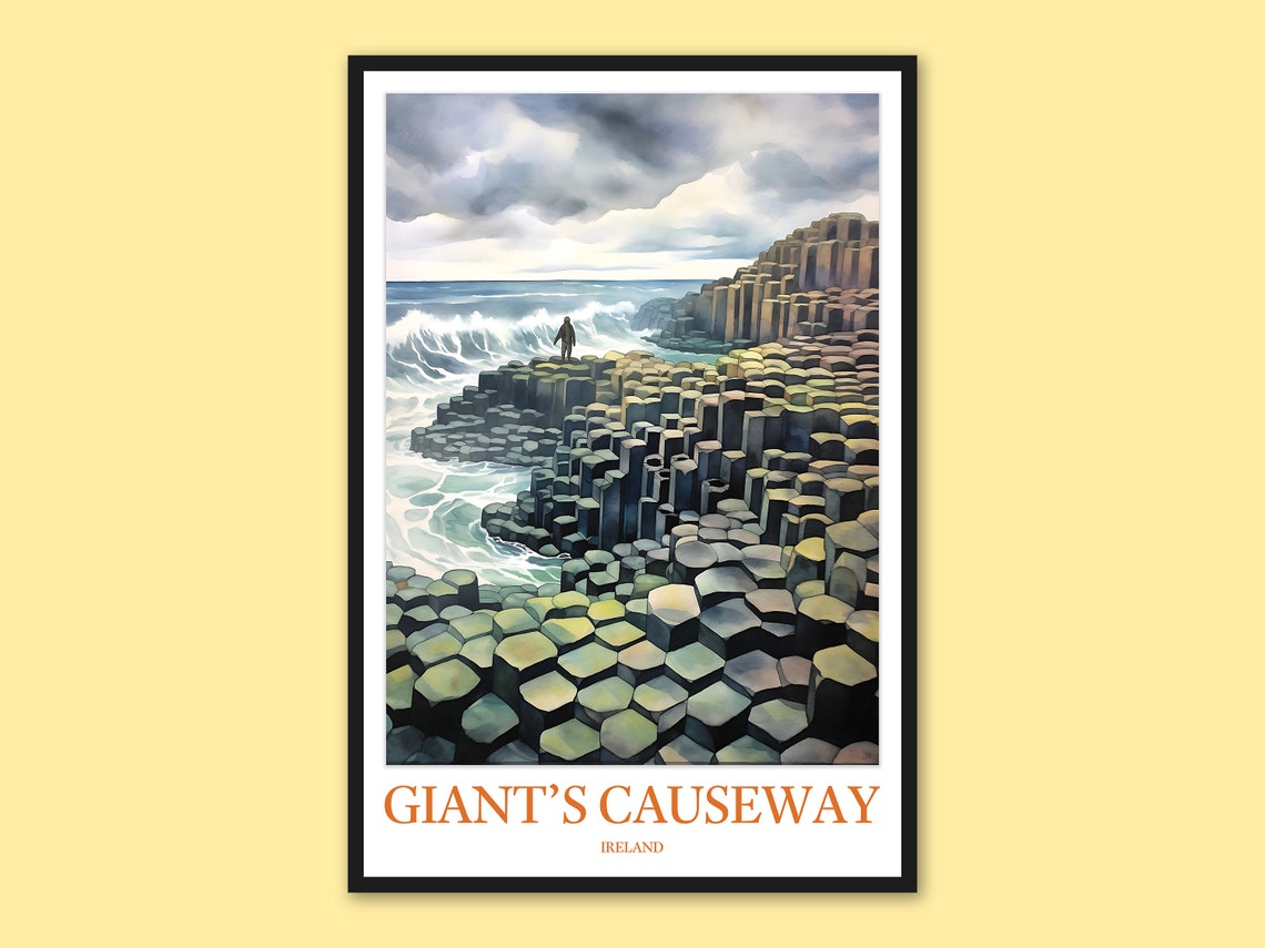 Giants Causeway Hexagonal Basalt Stones Ocean Watercolor Travel Poster
