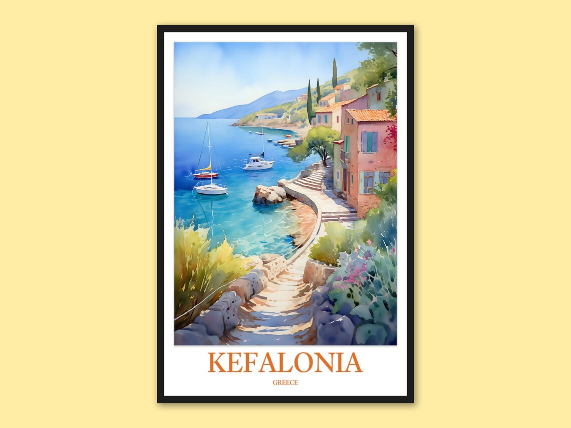 Kefalonia Greece Watercolor Coastal Village and Sailboats Poster