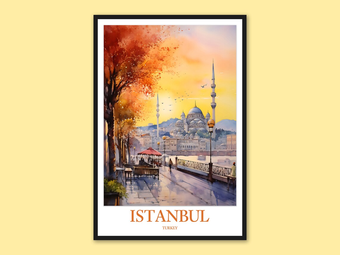 Istanbul Turkey Autumn Waterfront Promenade Sunset Watercolor Poster