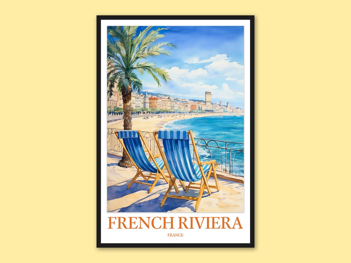 French Riviera Deckchairs Watercolor Beach Travel Poster France