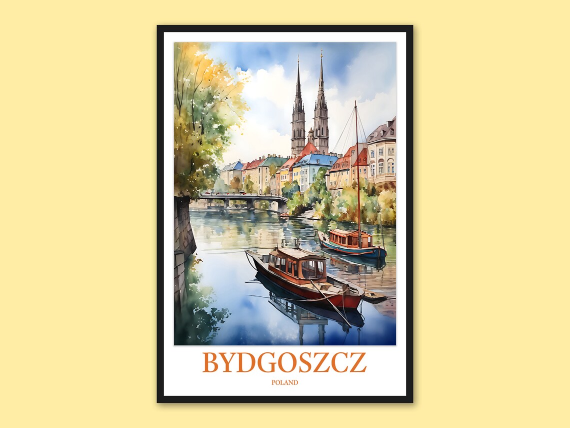 Bydgoszcz River Bridge Wooden Boats Cathedral Poland Watercolor Poster