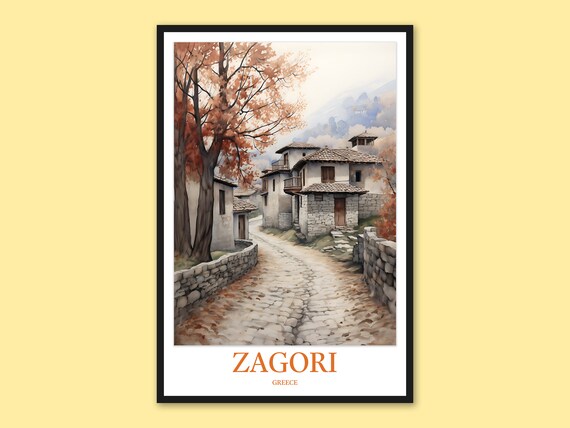 Zagori Greece Autumn Village Cobblestone Lane Watercolor Poster