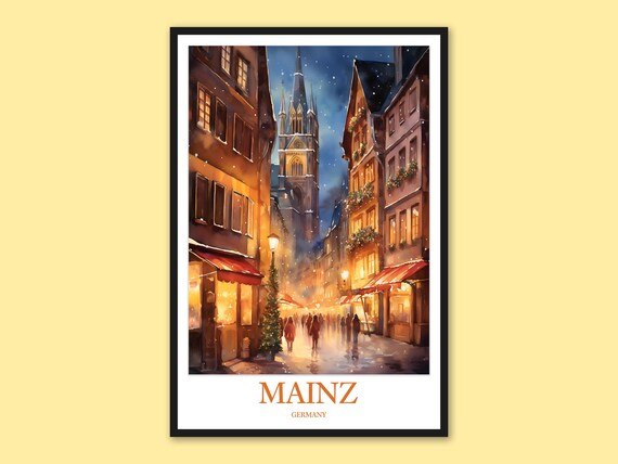 Mainz Germany Snowy Old Town Street Winter Evening Travel Poster