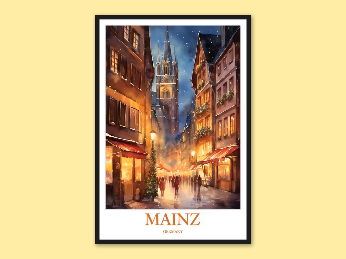 Mainz Germany Snowy Old Town Street Winter Evening Travel Poster