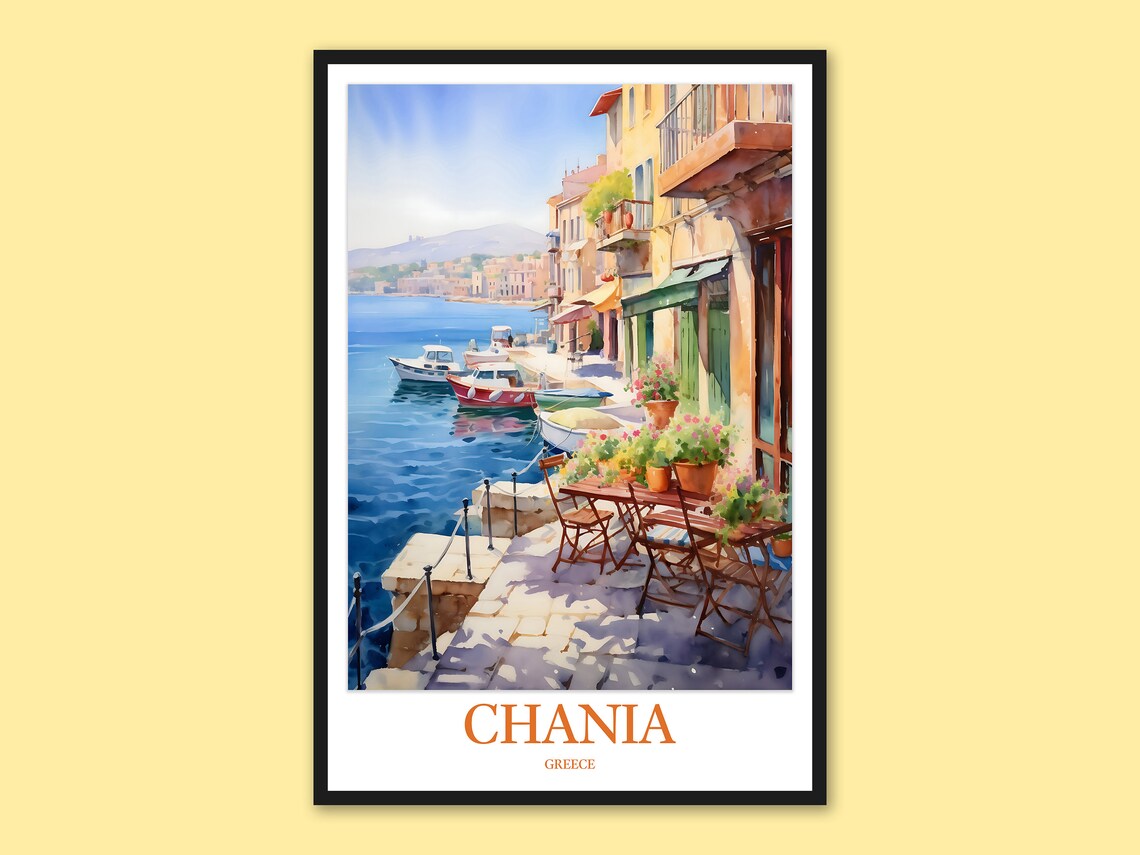 Chania Greece Venetian Harbor Waterfront Cafe Travel Art Poster