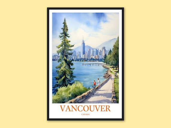 Vancouver Canada Watercolor Travel Poster Stanley Park Skyline View