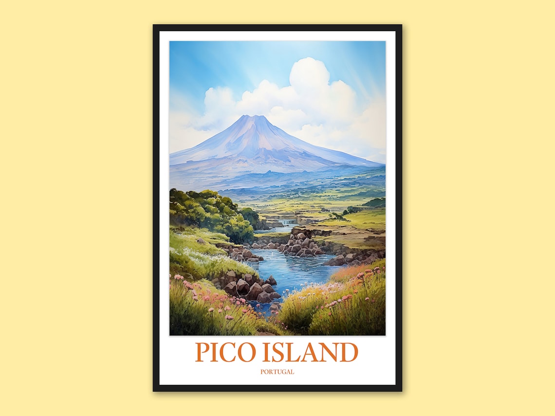 Pico Island Portugal Mount Pico Volcano Watercolor Travel Poster
