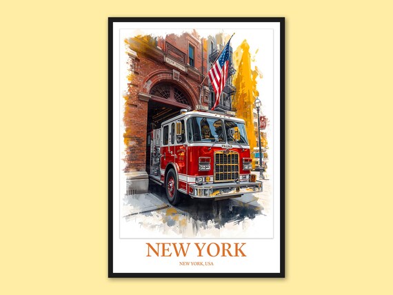 New York City Vintage Red Fire Truck Outside Firehouse Street Poster