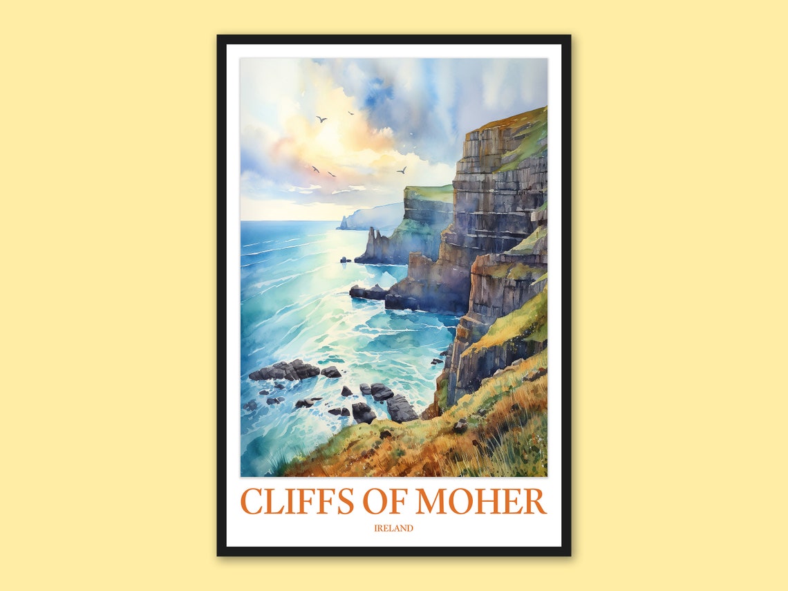 Cliffs Of Moher Ireland Watercolor Seagulls Blue Ocean Poster