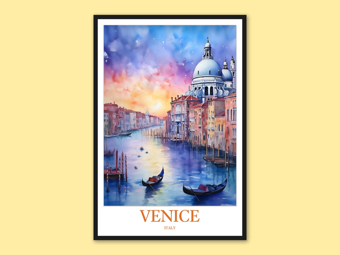 Venice Italy Empty Gondolas on Twilight Canal Watercolor Poster
