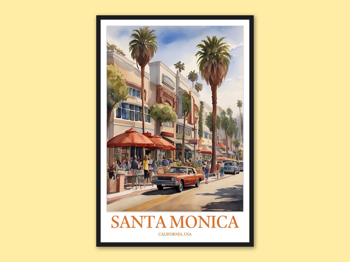 Santa Monica Cafe Street Palms Watercolor Travel California Decor Poster