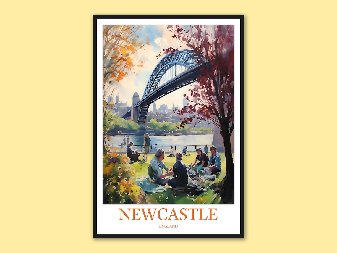 Newcastle Tyne Bridge Riverside Poster, England Watercolor Travel Art