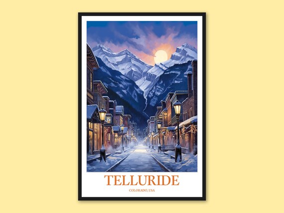 Telluride Colorado Snowy Mountain Main Street Night Travel Poster
