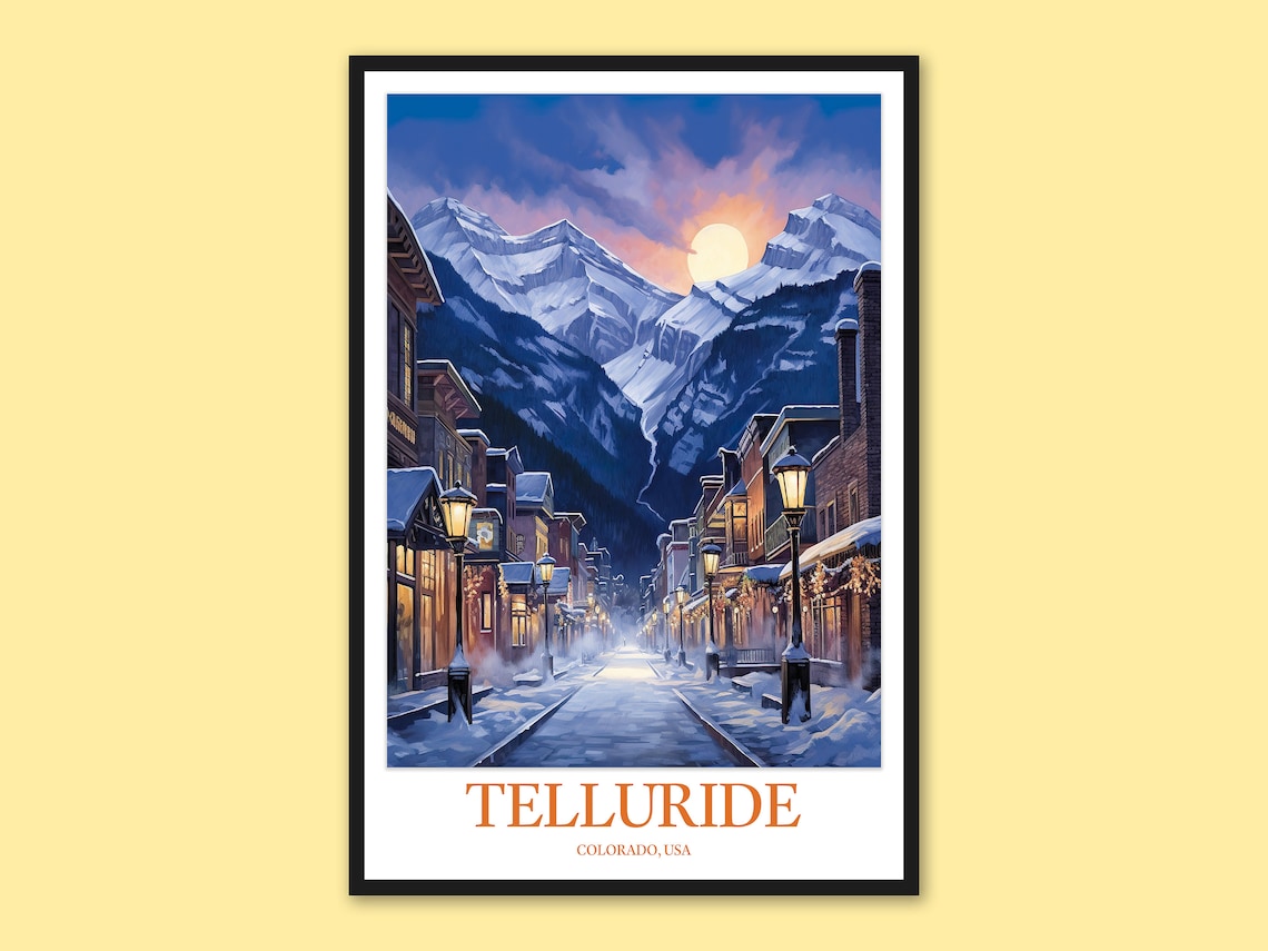 Telluride Colorado Snowy Mountain Main Street Night Travel Poster