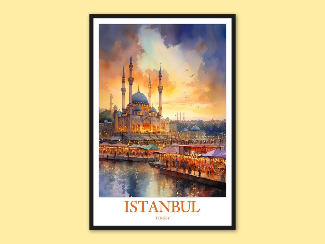 Istanbul Four Minaret Mosque Market Nightfall Watercolor Poster