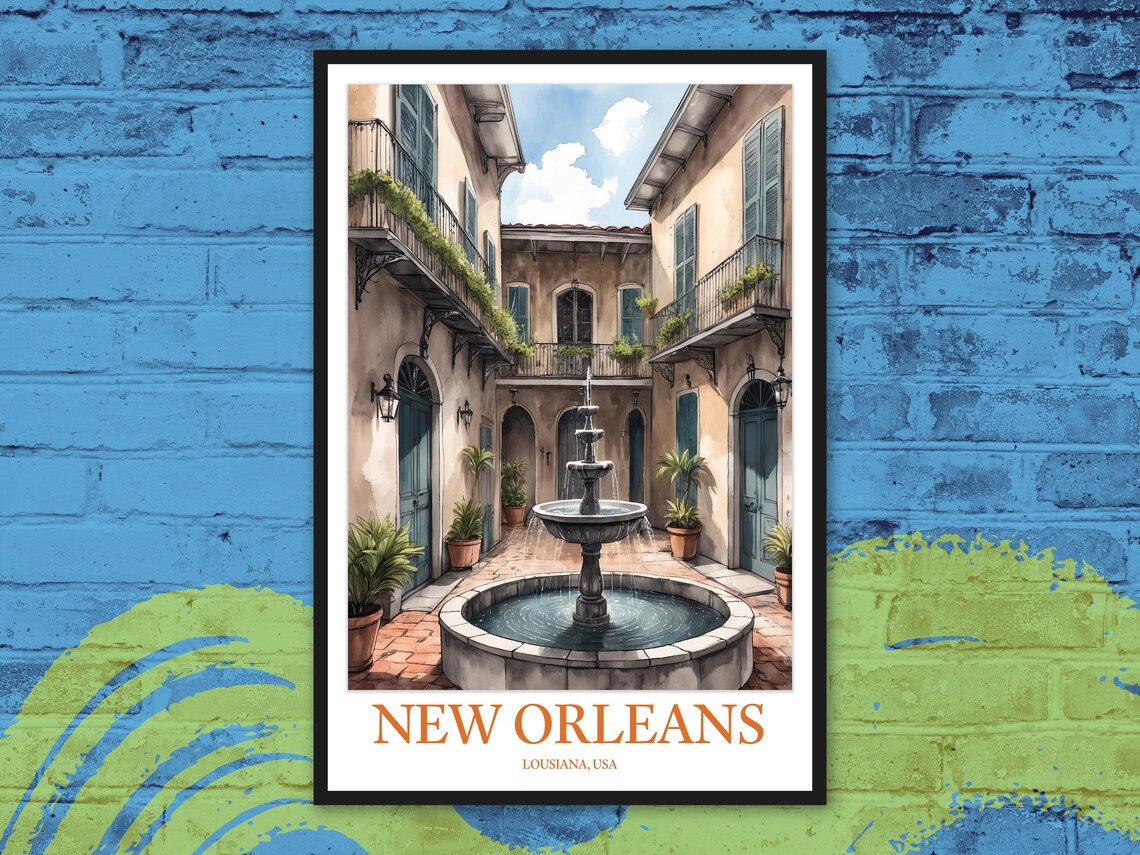 New Orleans French Quarter Fountain Patio Watercolor Art Poster