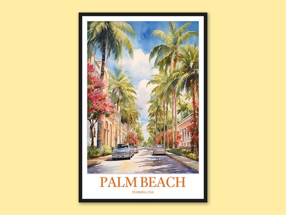 Palm Beach Florida Watercolor Street Poster with Palms and Classic Cars