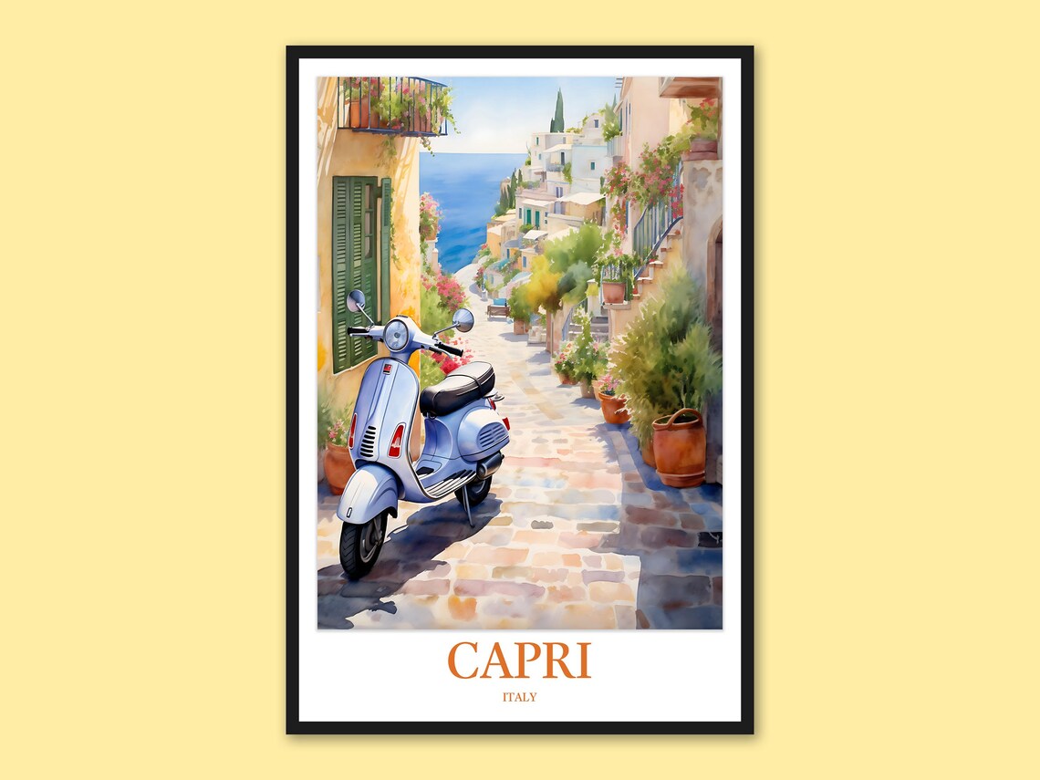 Capri Italy Cobblestone Street Vespa Scooter Sea View Travel Poster