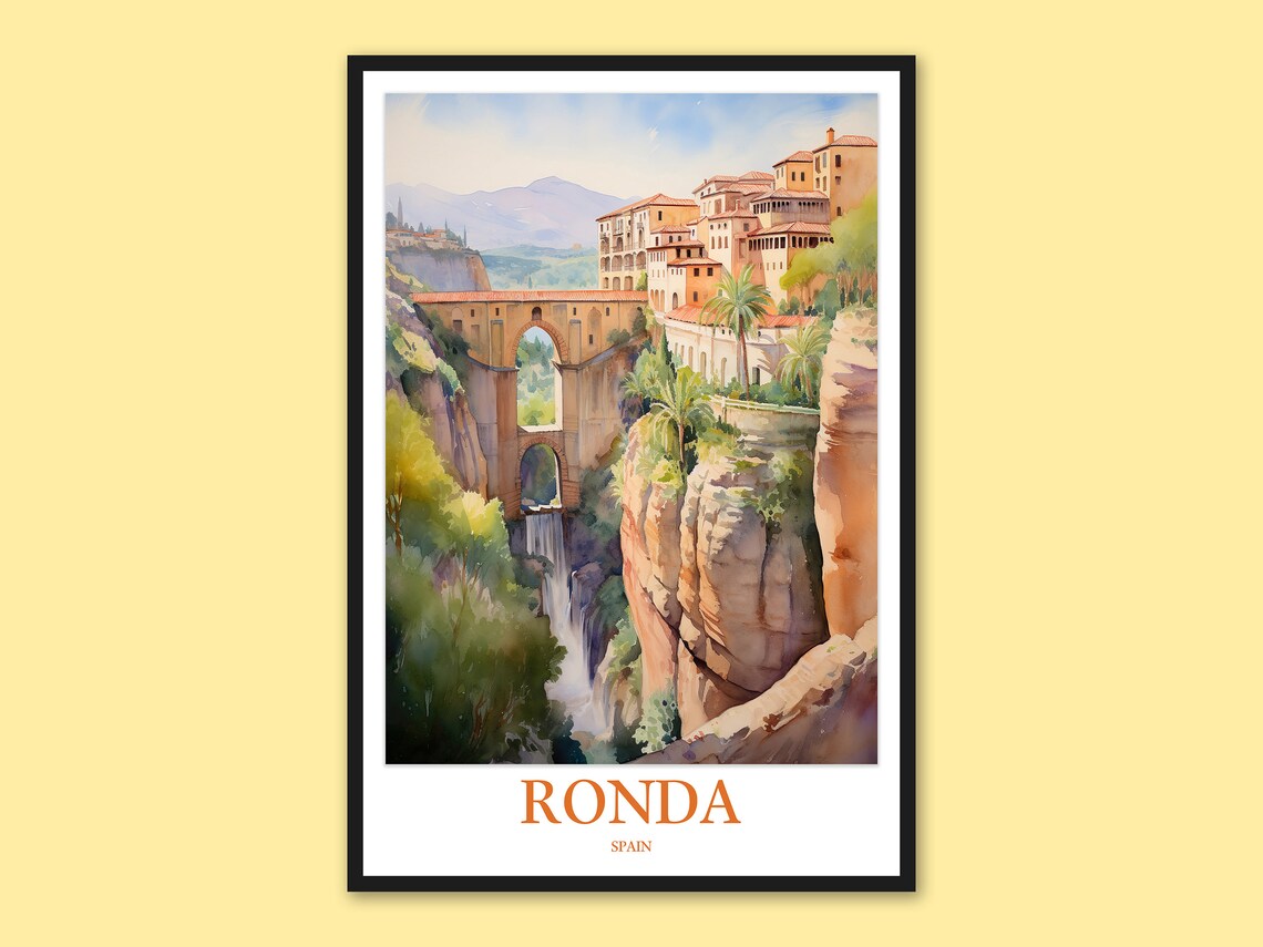 Ronda Spain Puente Nuevo Bridge Gorge Watercolor Travel Poster