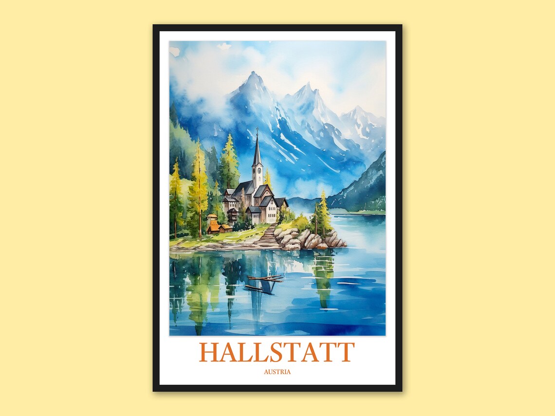 Hallstatt Austria Church Point Watercolor Lake Travel Poster