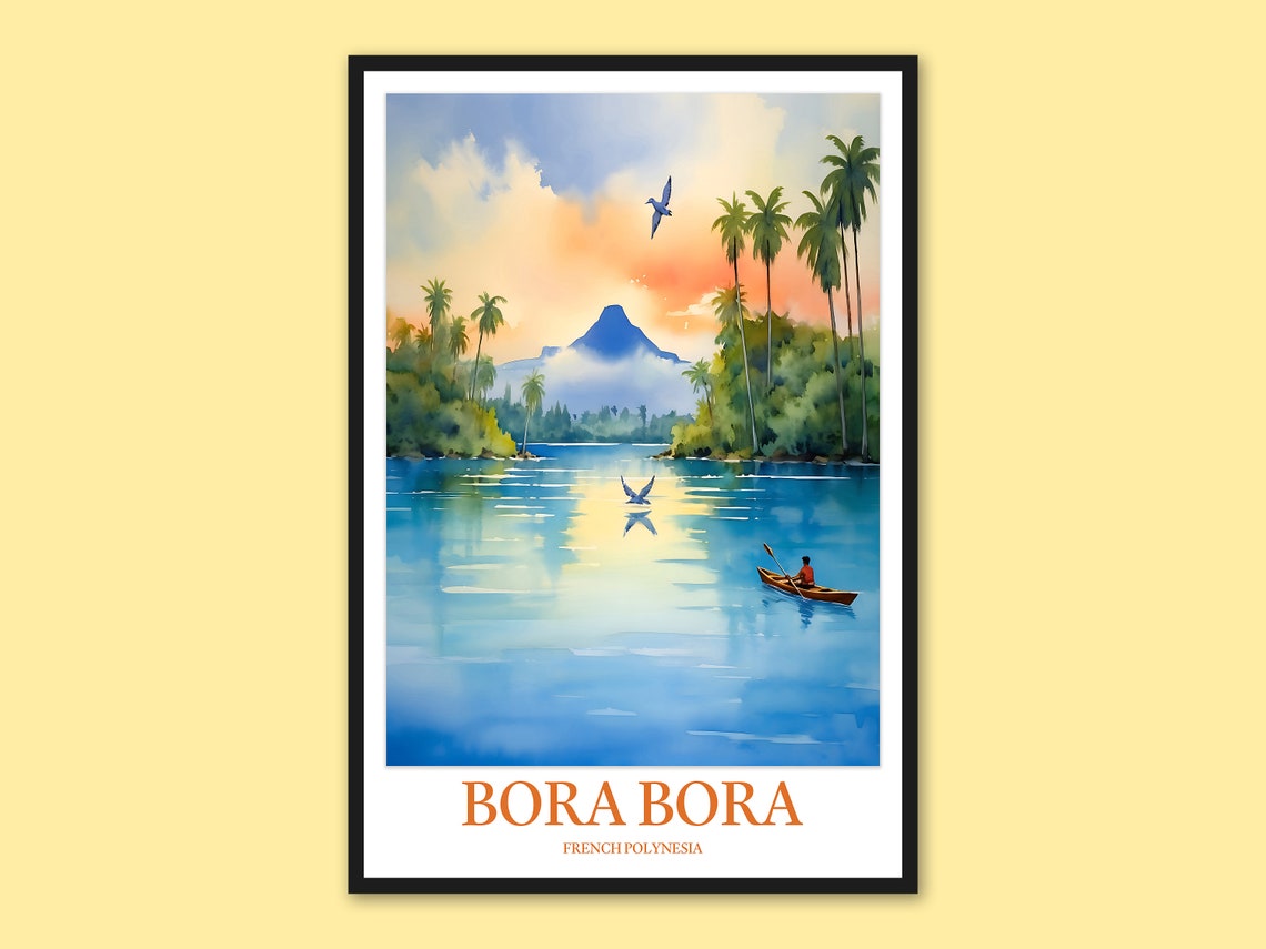 Bora Bora Sunset Canoe Lagoon Palm Trees Watercolor Art Poster